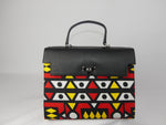 Sac à main en wax imprimé bogolan rouge et cuir noir