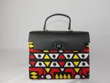 Sac à main en wax imprimé bogolan rouge et cuir noir