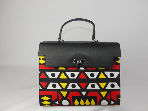 Sac à main en wax imprimé bogolan rouge et cuir noir