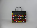 Sac à main en wax imprimé bogolan rouge et cuir noir