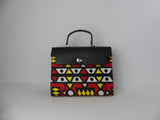 Sac à main en wax imprimé bogolan rouge et cuir noir