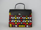 Sac à main en wax imprimé bogolan rouge et cuir noir