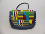 Creadjoua, sac à main wax multicolore et cuir bleu