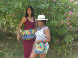 Sac à main arrondi en wax multicouleur et cuir bleu